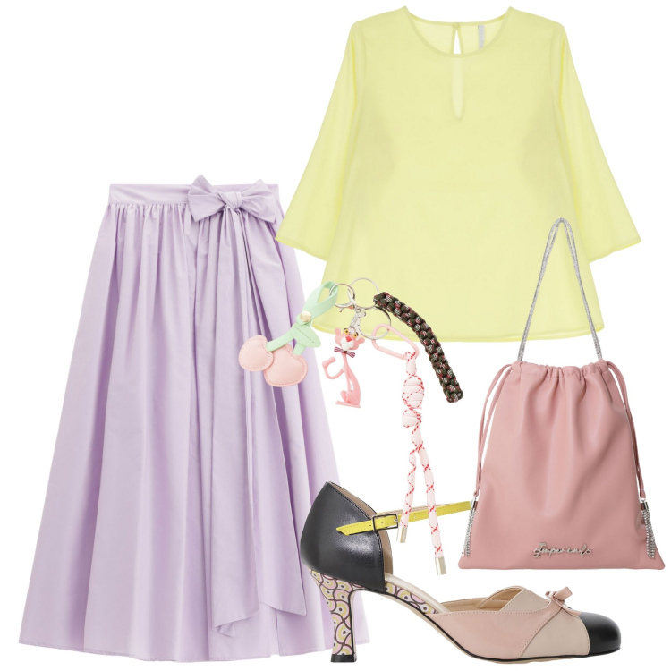 Outfit donna - Imperial -;The Art of Vacation. Stile Chic per Ufficio. Abbinamento con gonne lunghe, bluse, borse a secchiello, décolleté, portachiavi.