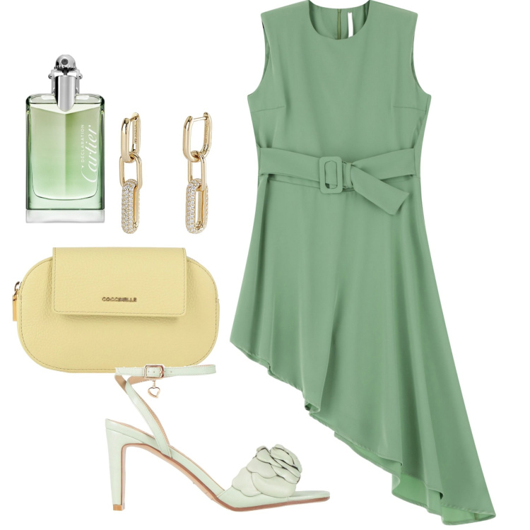 Outfit donna - Cerimonia asimmetrica. Stile Chic per Cerimonia. Abbinamento con sandali col tacco, borse a mano, profumi, orecchini, vestiti corti.