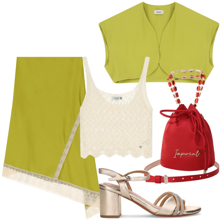 Outfit donna - Speciale verde lime. Stile Chic per Cerimonia. Abbinamento con top, borse a secchiello, gonne longuette, gilet, sandali in pelle.