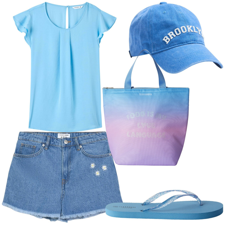 Outfit donna - Al mare. Stile Basic per Mare. Abbinamento con bluse, cappelli, shorts, infradito, borse tote.