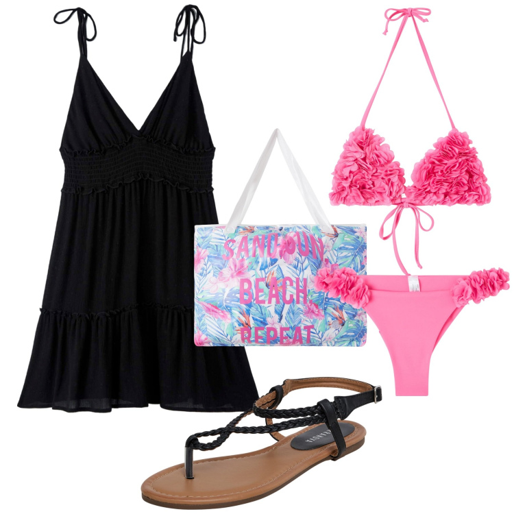 Outfit donna - Terranova - Summer Vibes. Stile Casual per Mare. Abbinamento con vestiti, ciabatte, borse tote, bikini, bikini.