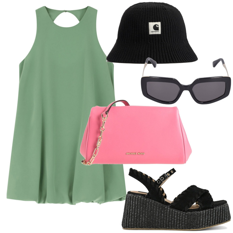 Outfit donna - Per una gita in città. Stile Casual chic per Tutti i giorni. Abbinamento con borse a tracolla, vestiti corti, zeppe, cappelli, occhiali da sole.