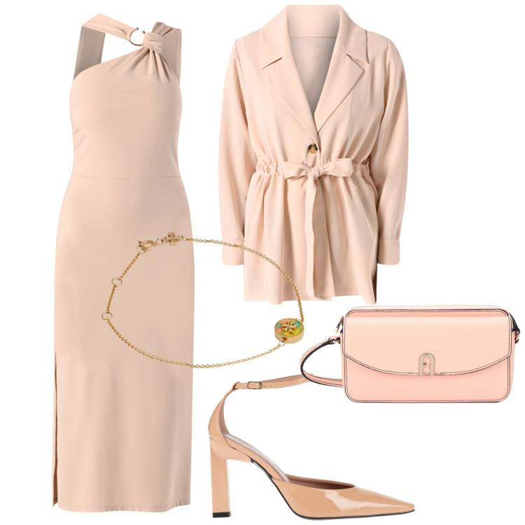 Outfit donna - Nozze inizio giugno. Stile Chic per Cerimonia. Abbinamento con braccialetti, borse a tracolla, décolleté, vestiti asimmetrici, blazer.