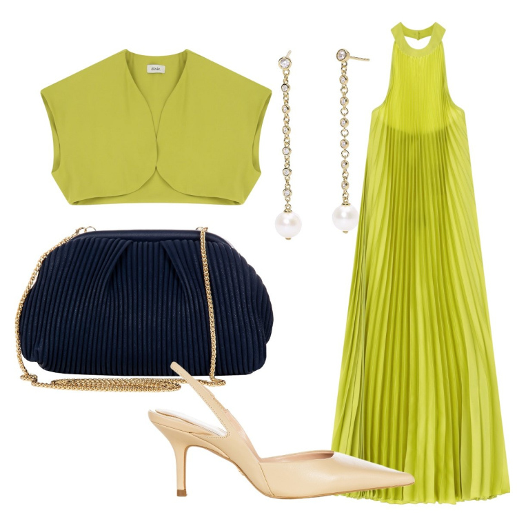 Outfit donna - L’abito plissettato verde lime. Stile Chic per Cerimonia. Abbinamento con pochette, décolleté, orecchini, vestiti lunghi, gilet.