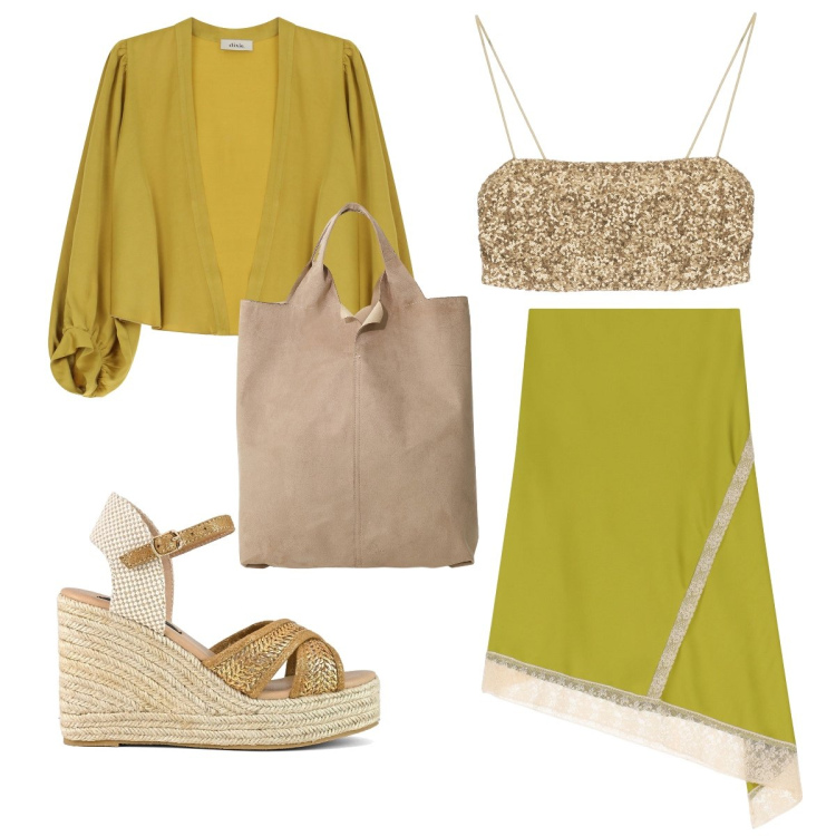 Outfit donna - Il top di paillettes. Stile Bon Ton per Serata fuori. Abbinamento con top, gonne longuette, gilet, shopping bag, zeppe.