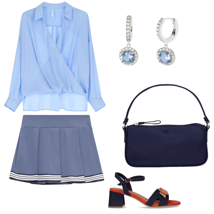 Outfit donna - Total look #2175108. Stile Chic per Ufficio. Abbinamento con orecchini, minigonne, bluse, pochette, sandali col tacco.