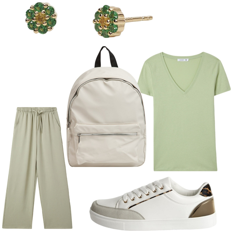 Outfit donna - Verde. Stile Casual per Tutti i giorni. Abbinamento con pantaloni, t-shirt, sneakers, zaini, orecchini.