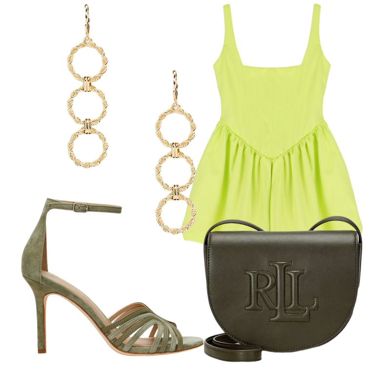 Outfit donna - Serata verde. Stile Chic per Ufficio. Abbinamento con vestiti corti, borse a tracolla, orecchini, sandali in pelle.