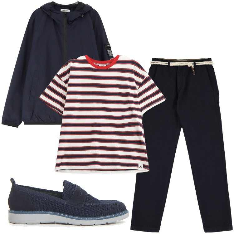 Outfit uomo - Estate marinara. Stile Casual per Tutti i giorni. Abbinamento con giacche, pantaloni chino, t-shirt, scarpe stringate.