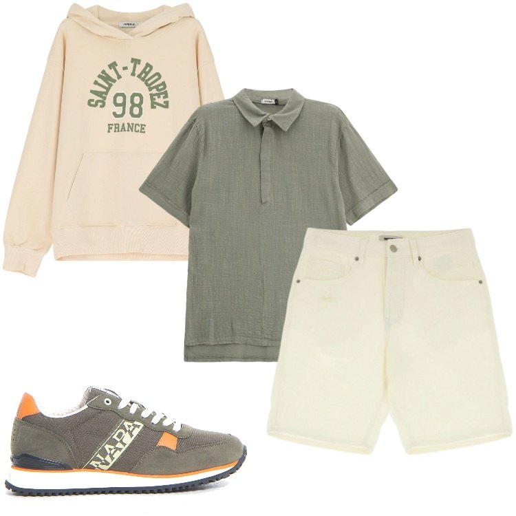 Outfit uomo - Total look #2175132. Stile Casual per Tutti i giorni. Abbinamento con felpe con cappuccio, polo, bermuda, sneakers.