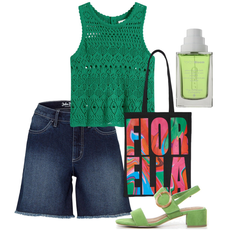 Outfit donna - Bermuda. Stile Casual chic per Tutti i giorni. Abbinamento con shorts, top, profumi, borse tote, sandali col tacco.