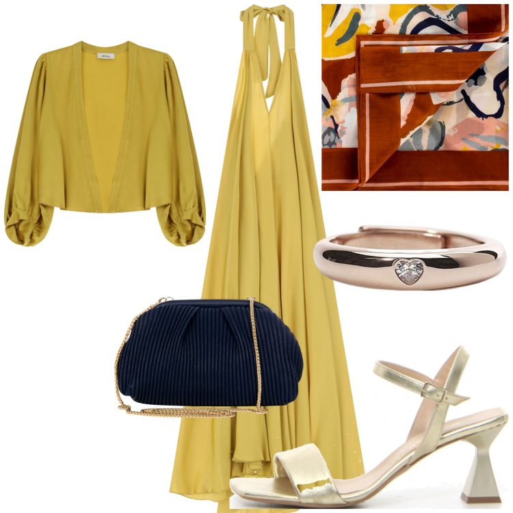 Outfit donna - Sofisticata e sensuale. Stile Glamour per Cerimonia. Abbinamento con pochette, foulard, anelli, gilet, vestiti lunghi, sandali col tacco.