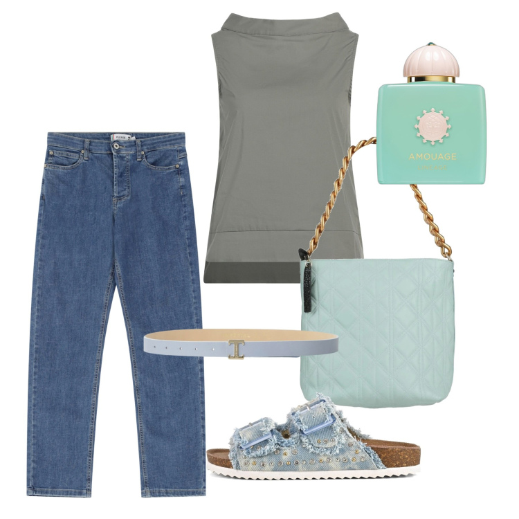 Outfit donna - In jeans. Stile Casual chic per Tutti i giorni. Abbinamento con top, borse a mano, profumi, jeans dritti, cinture, sandali.