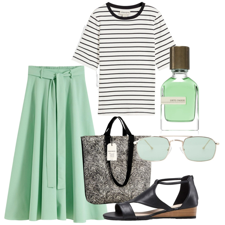 Outfit donna - Bon ton. Stile Bon Ton per Ufficio. Abbinamento con gonne lunghe, sandali, t-shirt, profumi, borse tote, occhiali da sole.