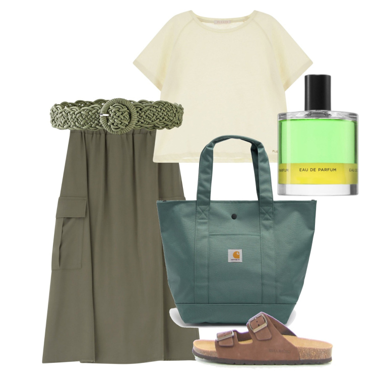 Outfit donna - Pomeriggio libero. Stile Basic per Tutti i giorni. Abbinamento con cinture, profumi, t-shirt, gonne lunghe, ciabatte, borse tote.