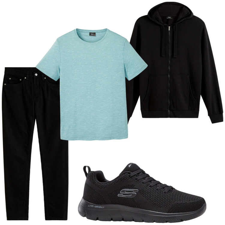 Outfit uomo - Total look #2175148. Stile Casual per Tutti i giorni. Abbinamento con felpe con cappuccio, jeans slim fit, sneakers, t-shirt.