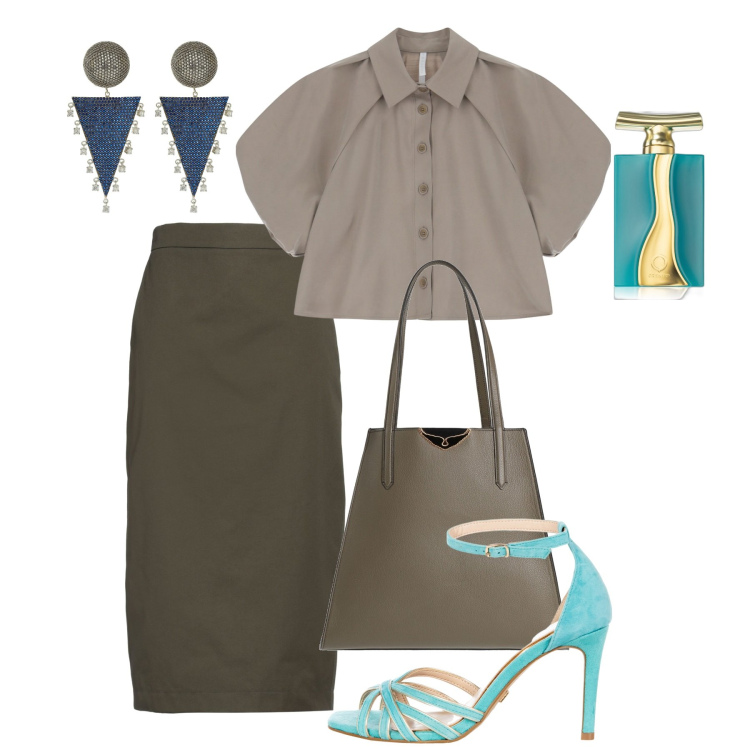 Outfit donna - Argilla chic. Stile Chic per Serata fuori. Abbinamento con gonne longuette, borse a mano, profumi, sandali col tacco, camicie a manica corta, orecchini.