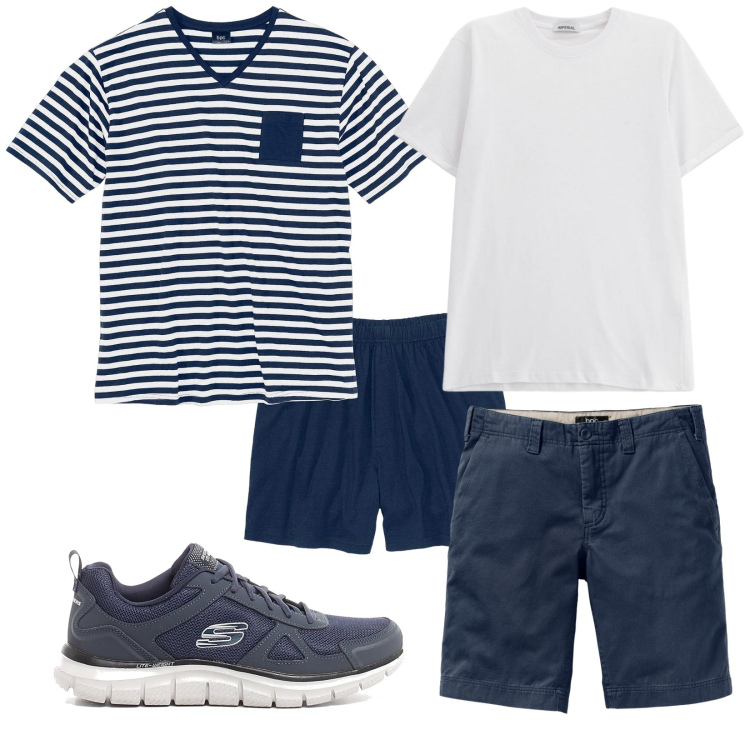Outfit uomo - Giorno e notte. Stile Casual per Tutti i giorni. Abbinamento con bermuda, abbigliamento da notte, t-shirt, sneakers.