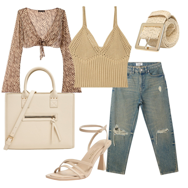 Outfit donna - Total look #2175161. Stile Casual chic per Tutti i giorni. Abbinamento con shopping bag, bolero, jeans mom, top, sandali col tacco, cinture.