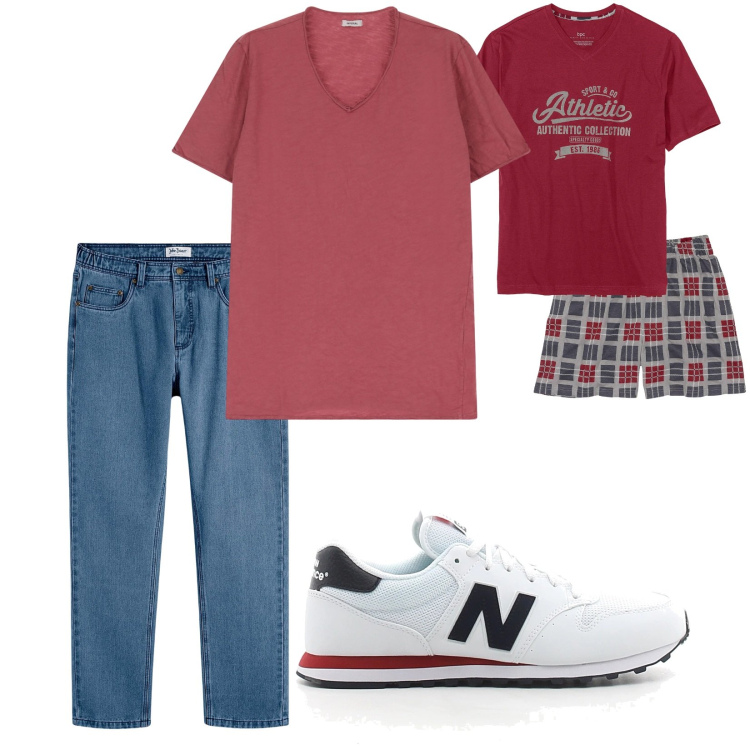 Outfit uomo - Mattina e notte. Stile Casual per Tutti i giorni. Abbinamento con abbigliamento da notte, jeans dritti, t-shirt, sneakers.