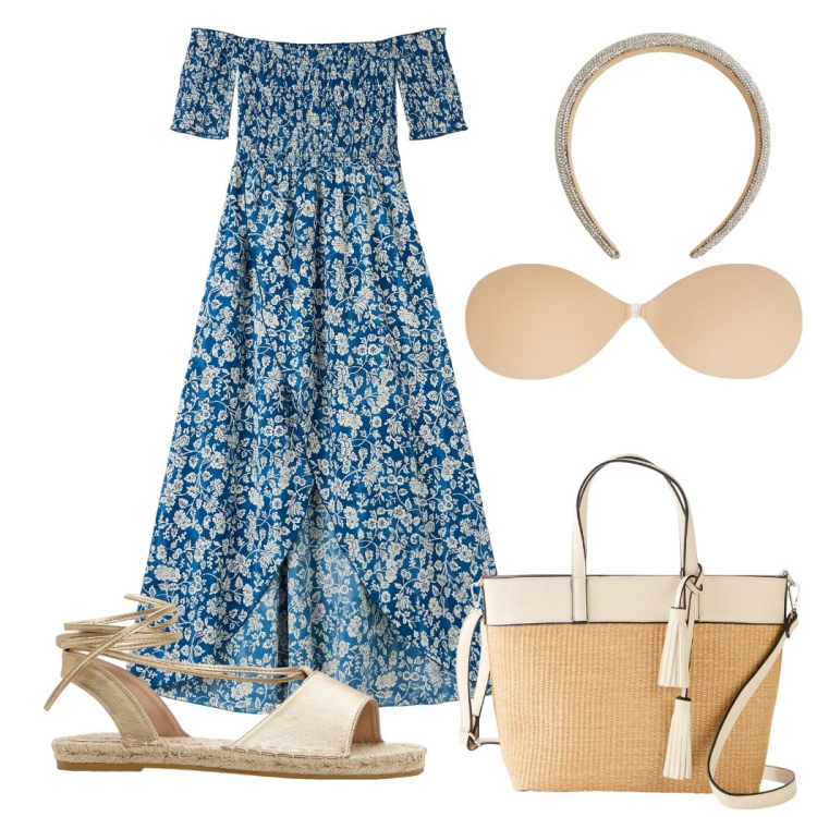 Outfit donna - L\' abito lungo per l\' estate. Stile Chic per Tutti i giorni. Abbinamento con sandali, shopping bag, vestiti lunghi, cerchietti, reggiseni.