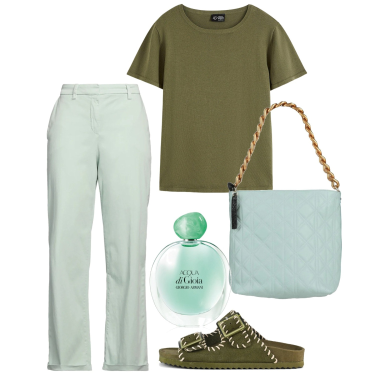 Outfit donna - Maggio. Stile Basic per Tutti i giorni. Abbinamento con t-shirt, pantaloni, borse a mano, profumi, sandali.