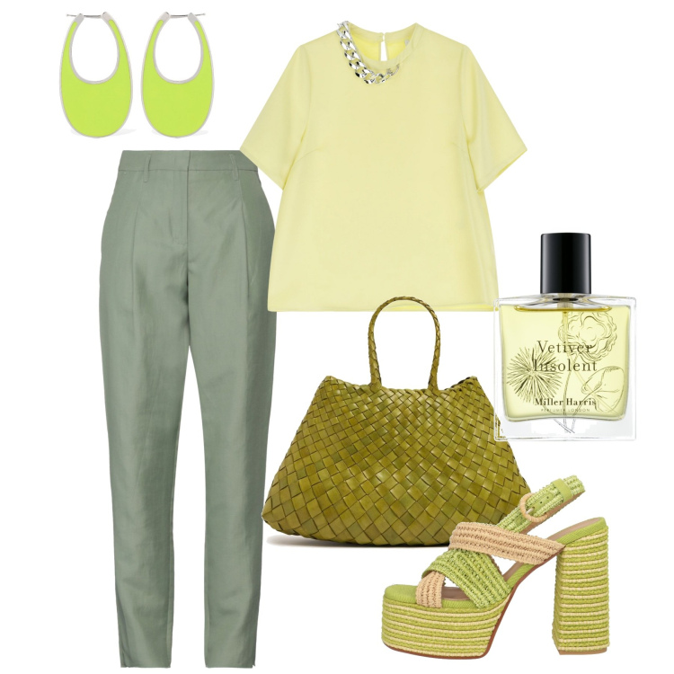 Outfit donna - Maggio. Stile Bon Ton per Tutti i giorni. Abbinamento con pantaloni, sandali in pelle, profumi, t-shirt, orecchini, borse a spalla.
