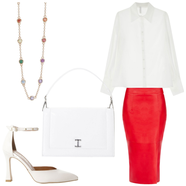 Outfit donna - Signora chic. Stile Chic per Serata fuori. Abbinamento con décolleté, camicie, borse a tracolla, collane, gonne longuette.