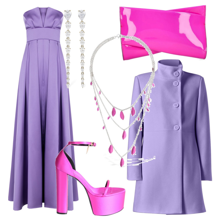 Outfit donna - Capodanno violetto. Stile Glamour per Serata fuori. Abbinamento con sandali in pelle, cappotti, vestiti lunghi, orecchini, pochette, collane.