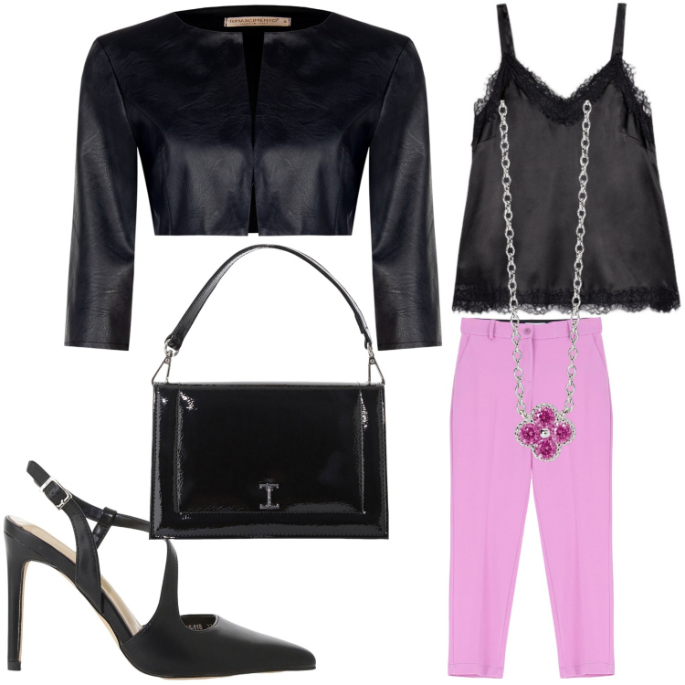 Outfit donna - Serata per noi. Stile Chic per Serata fuori. Abbinamento con collane, bolero, pantaloni, borse a tracolla, décolleté, canottiere.
