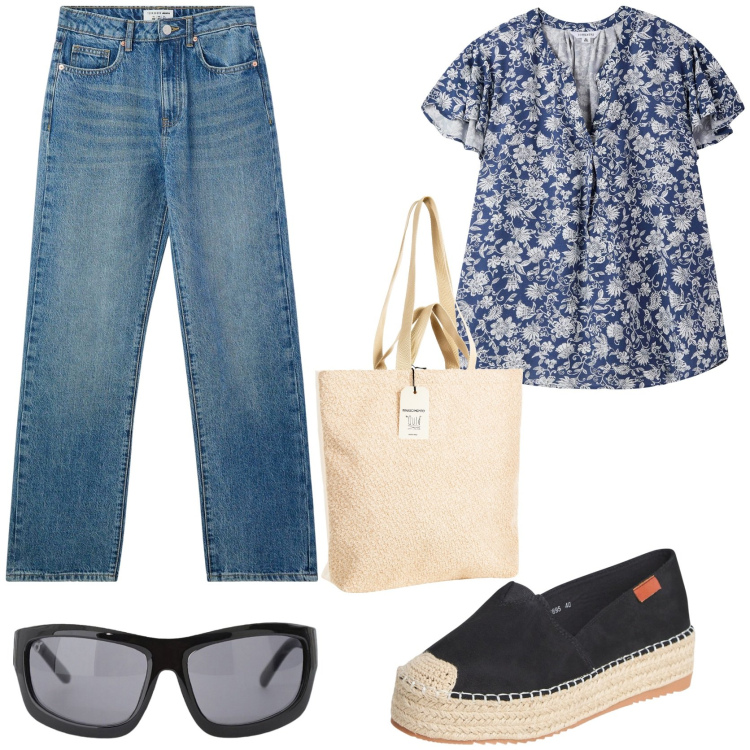Outfit donna - In vacanza. Stile Casual per Tutti i giorni. Abbinamento con jeans dritti, bluse, espadrillas, borse tote, occhiali da sole.