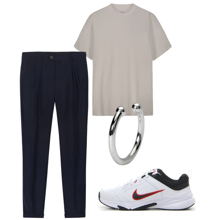 Outfit uomo - Total look. Stile Casual per Tutti i giorni. Abbinamento con orecchini, pantaloni, t-shirt, sneakers.