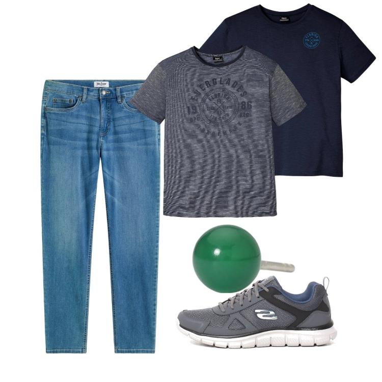 Outfit uomo - Pomeriggio. Stile Casual per Tutti i giorni. Abbinamento con jeans, t-shirt, orecchini, sneakers.