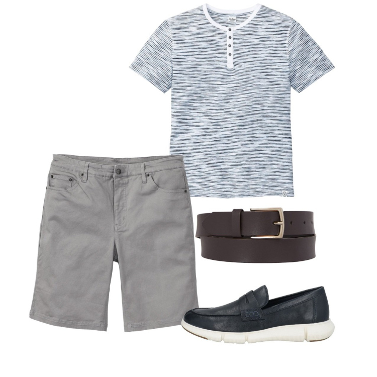 Outfit uomo - Total look. Stile Casual per Tutti i giorni. Abbinamento con bermuda, maglieria, scarpe stringate, cinture.