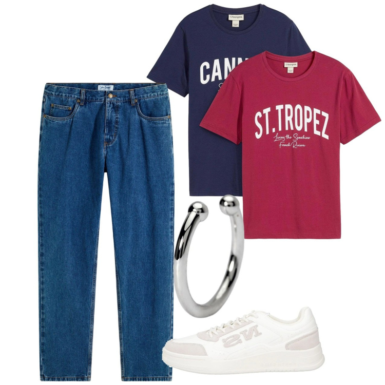 Outfit uomo - In giro. Stile Casual per Tutti i giorni. Abbinamento con jeans dritti, t-shirt, sneakers, orecchini.