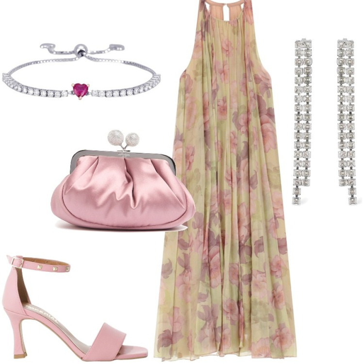 Outfit donna - Romantica da cerimonia. Stile Romantica per Cerimonia. Abbinamento con braccialetti, vestiti lunghi, sandali col tacco, pochette, orecchini.