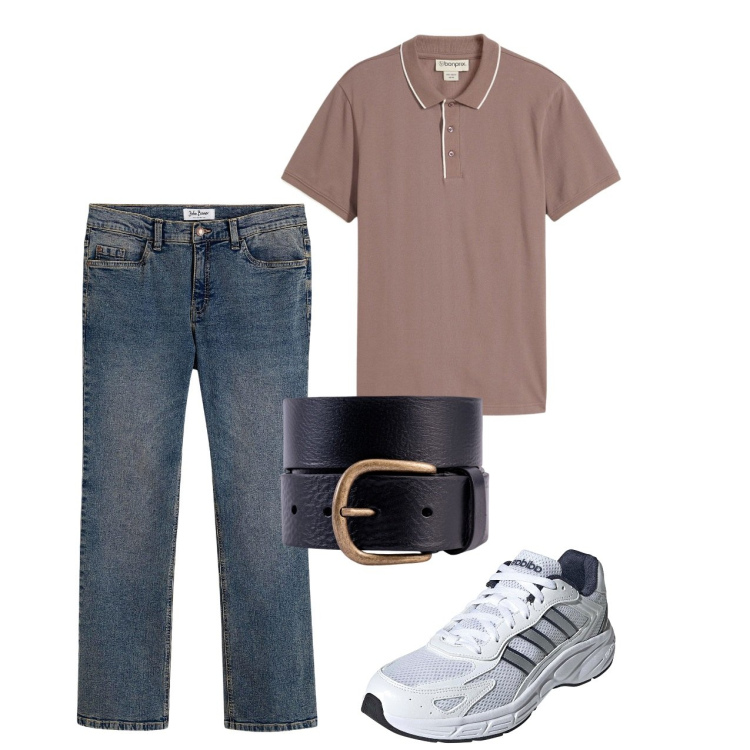 Outfit uomo - Maggio. Stile Casual per Tutti i giorni. Abbinamento con jeans bootcut, polo, cinture, sneakers.