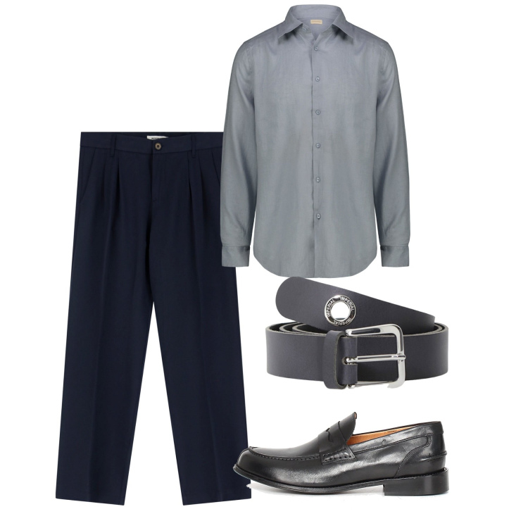 Outfit uomo - Elegante. Stile Business/Elegante per Ufficio. Abbinamento con pantaloni, cinture, camicie, scarpe stringate.