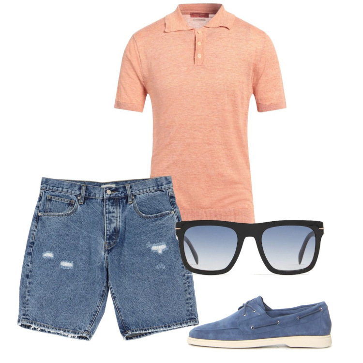 Outfit uomo - Estate. Stile Casual per Tutti i giorni. Abbinamento con polo, bermuda, occhiali da sole, scarpe stringate.