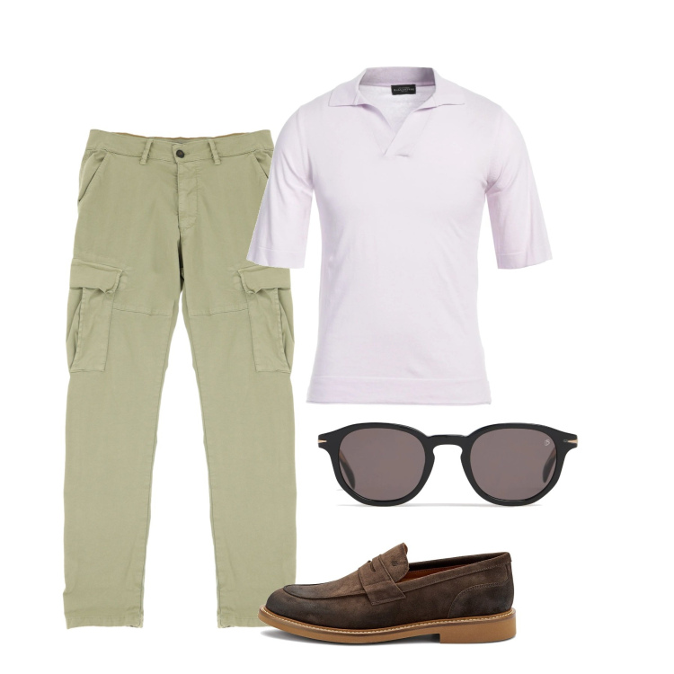 Outfit uomo - Maggio. Stile Casual per Tutti i giorni. Abbinamento con pullovers, pantaloni cargo, occhiali da sole, scarpe stringate.