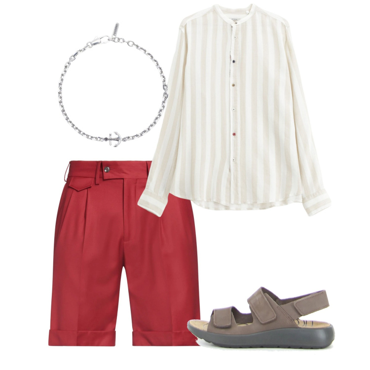 Outfit uomo - I bermuda rossi. Stile Trendy per Tutti i giorni. Abbinamento con shorts, braccialetti, camicie, sandali.