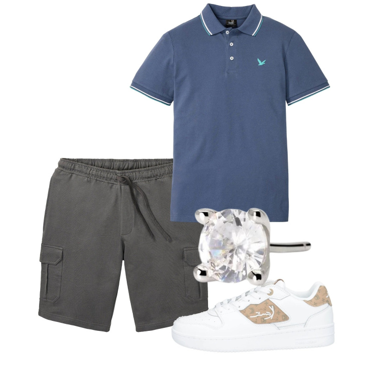 Outfit uomo - Total look. Stile Casual per Tutti i giorni. Abbinamento con polo, bermuda, sneakers, orecchini.