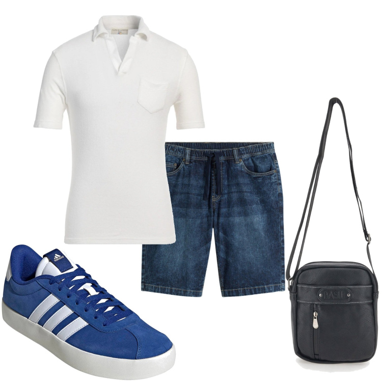 Outfit uomo - Serata a casa da amici. Stile Urban per Tutti i giorni. Abbinamento con bermuda, polo, portafogli, sneakers.