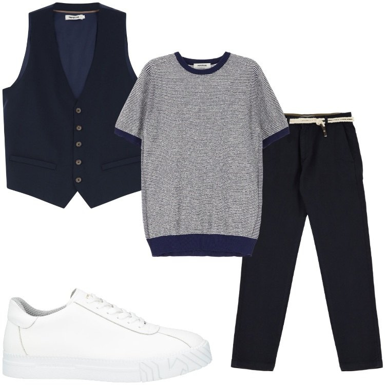 Outfit uomo - Bianco e blu. Stile Urban per Tutti i giorni. Abbinamento con sneakers, pantaloni chino, gilet, maglieria.