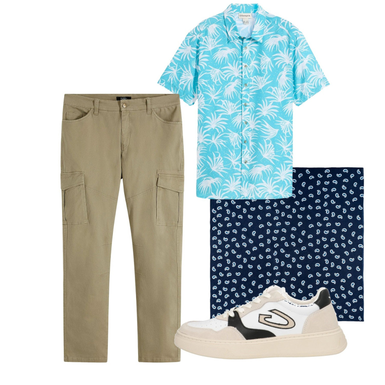 Outfit uomo - Azzurro. Stile Casual per Tutti i giorni. Abbinamento con pantaloni cargo, camicie a manica corta, sneakers, sciarpe e foulard.