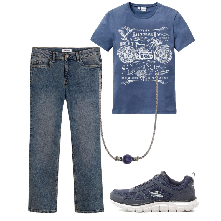 Outfit uomo - Blu. Stile Casual per Tutti i giorni. Abbinamento con jeans bootcut, t-shirt, collane, sneakers.