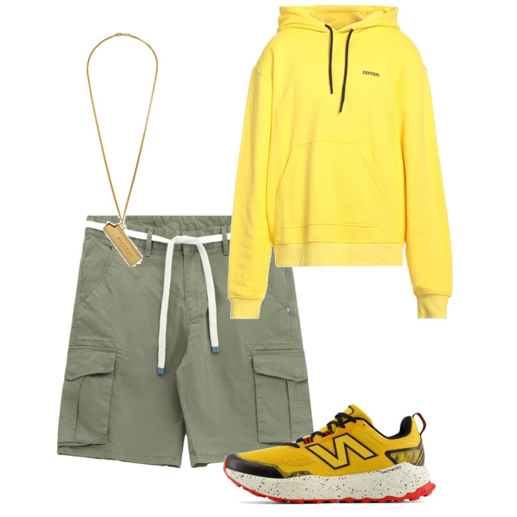 Outfit uomo - La felpa di sera. Stile Casual per Serata speciale. Abbinamento con collane, felpe con cappuccio, sneakers, bermuda.