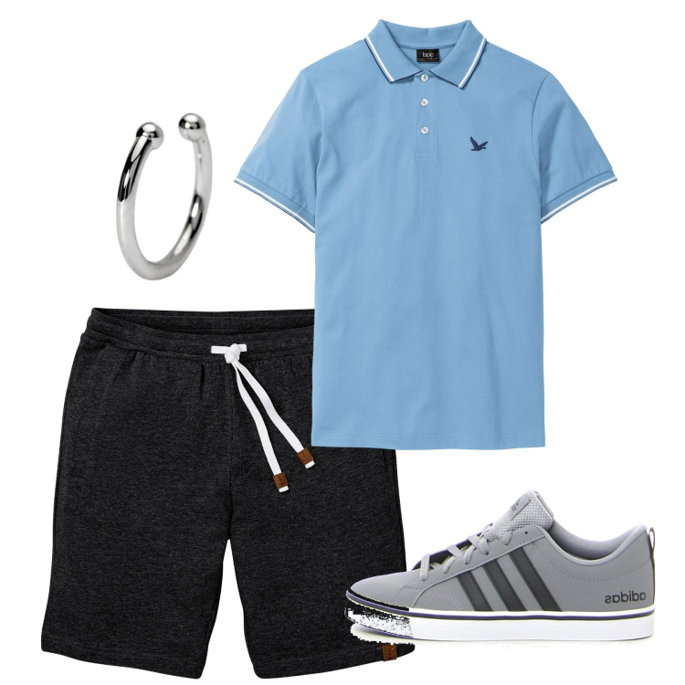 Outfit uomo - Corto. Stile Casual per Mare. Abbinamento con polo, bermuda, orecchini, sneakers.
