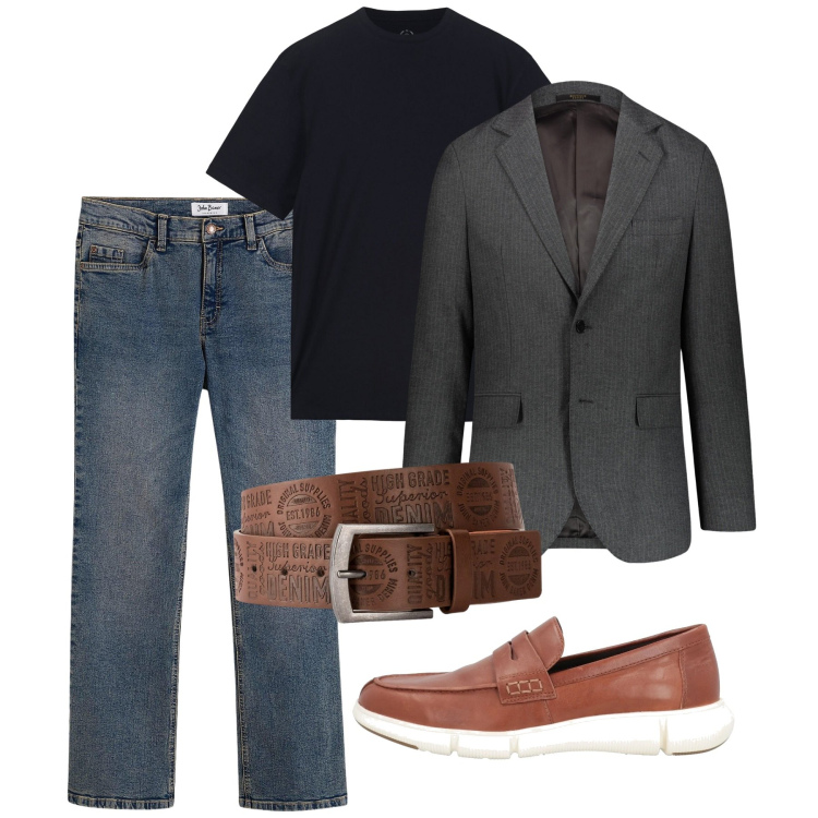 Outfit uomo - Serata al pub. Stile Casual per Serata speciale. Abbinamento con jeans bootcut, cinture, scarpe stringate, giacche, t-shirt.