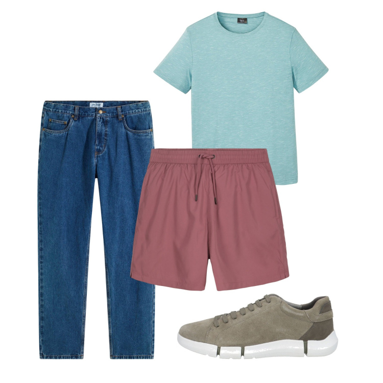 Outfit uomo - Mare. Stile Casual per Tutti i giorni. Abbinamento con jeans dritti, t-shirt, sneakers, costumi.